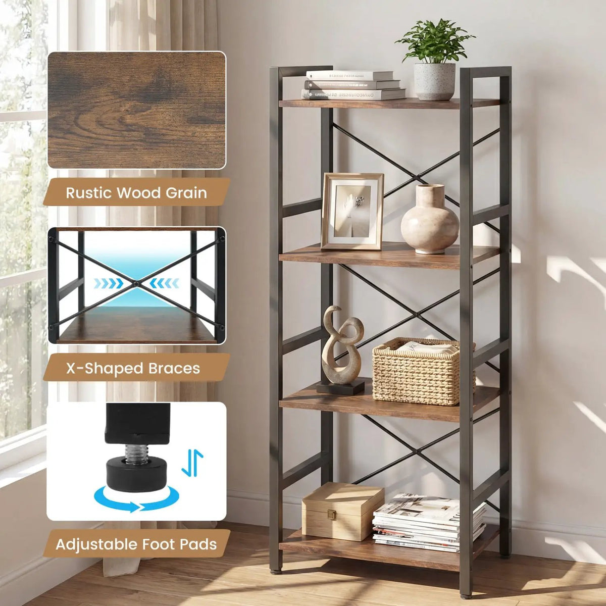 4-Tier Bookshelf Narrow Freestanding Display Shelf with Metal Frame by DirectDeals