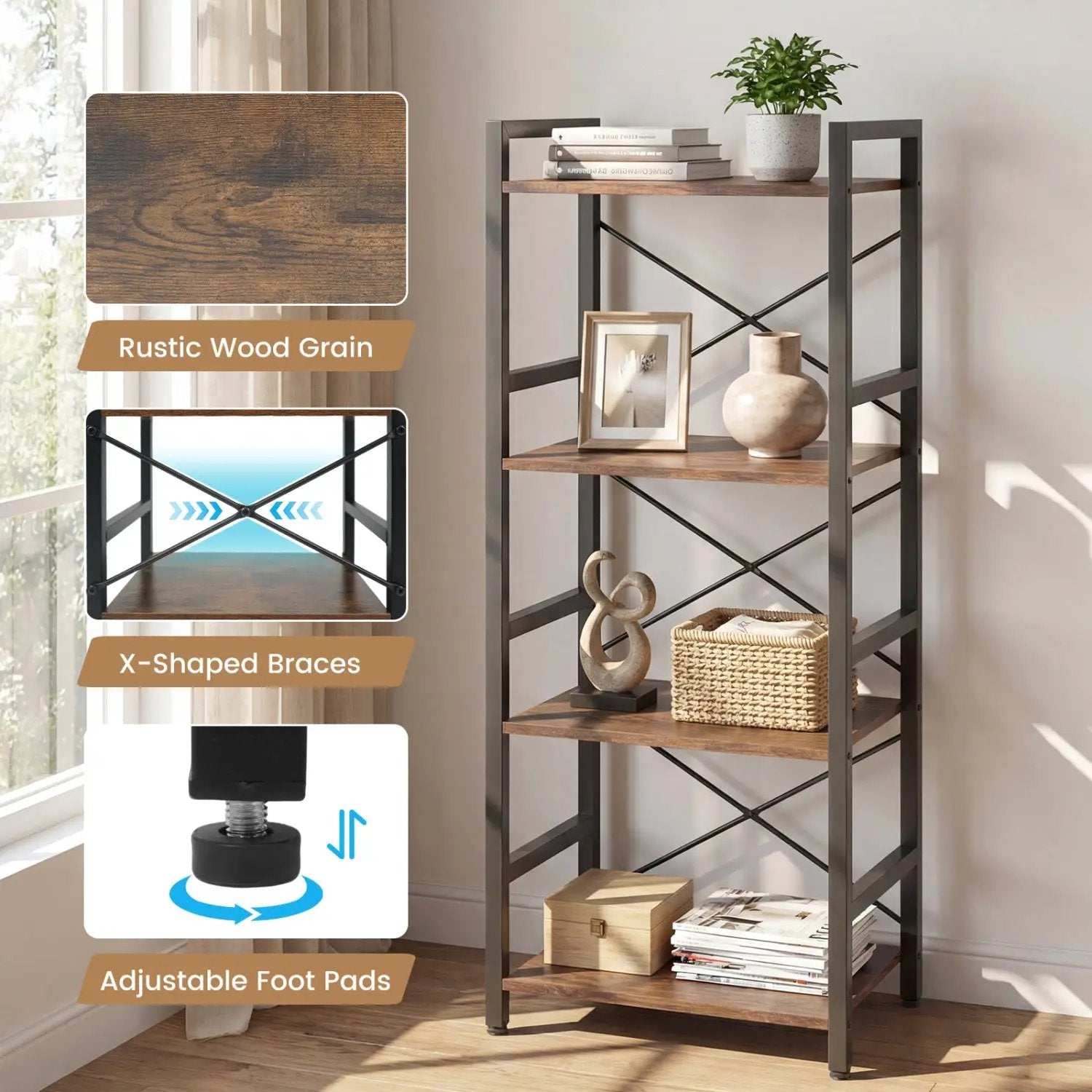4-Tier Bookshelf Narrow Freestanding Display Shelf with Metal Frame by DirectDeals