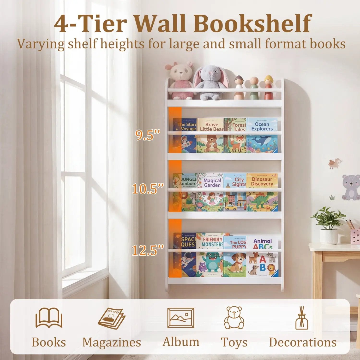 4-Tier Wall Mounted Bookshelf with Safety Rails by DirectDeals