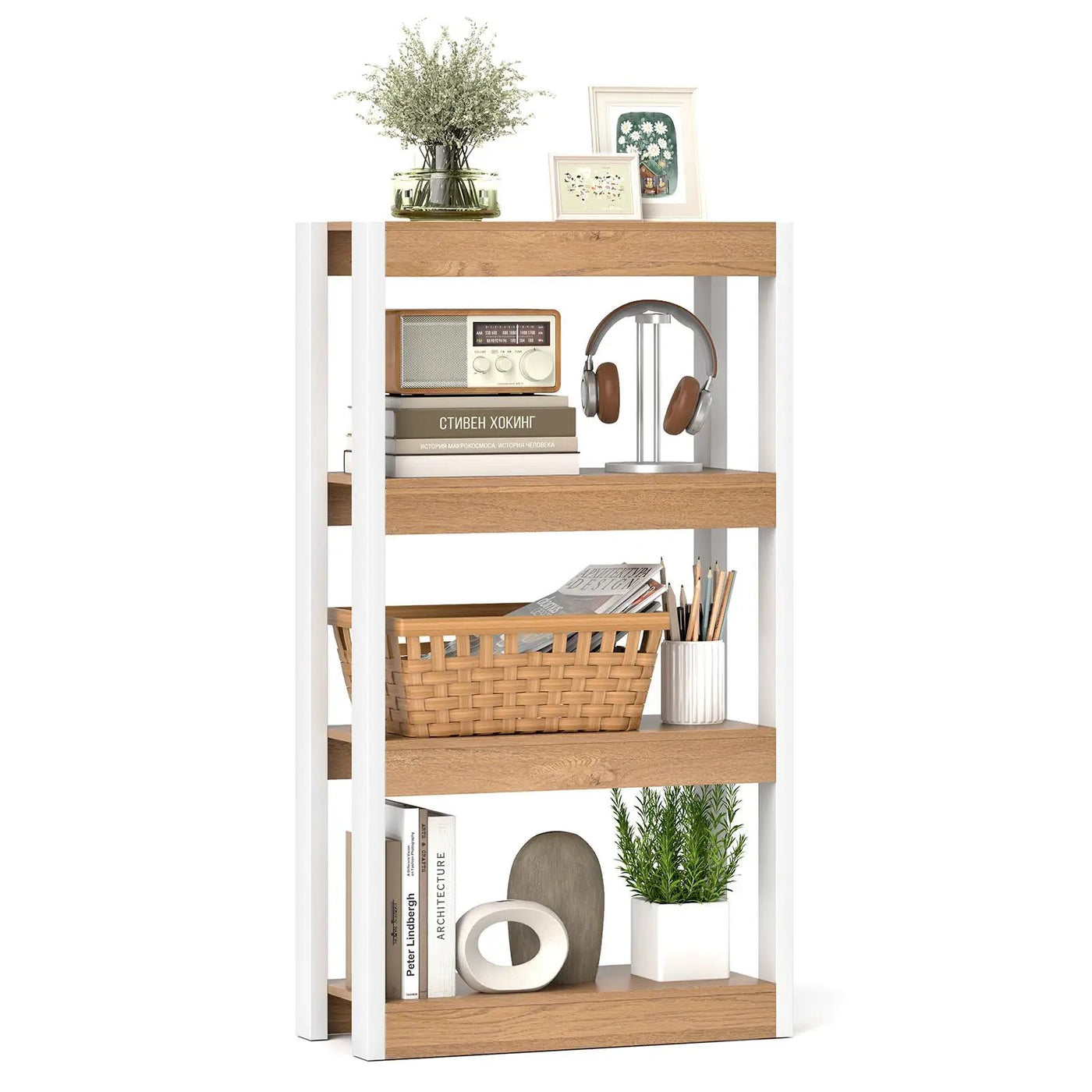 4 Tier Bookshelf Wooden Bookcase with Dual Anti-Tipping Kits by DirectDeals