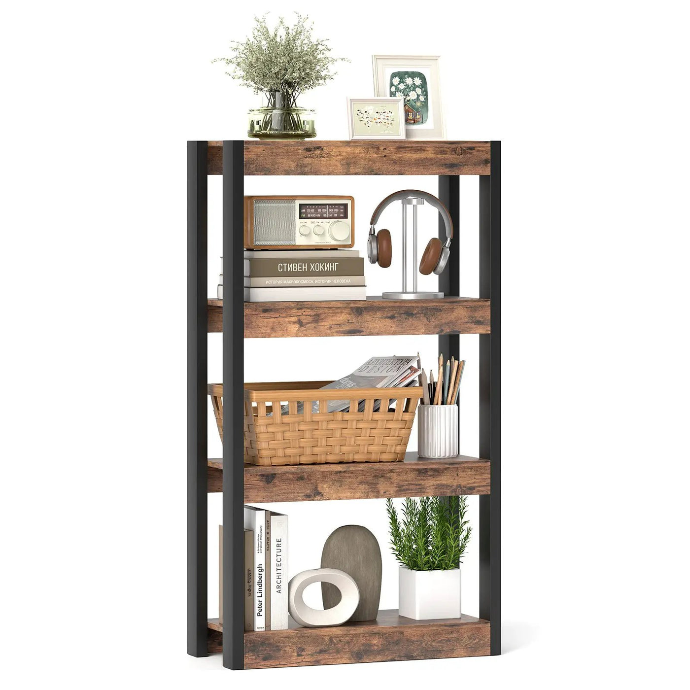 4 Tier Bookshelf Wooden Bookcase with Dual Anti-Tipping Kits by DirectDeals