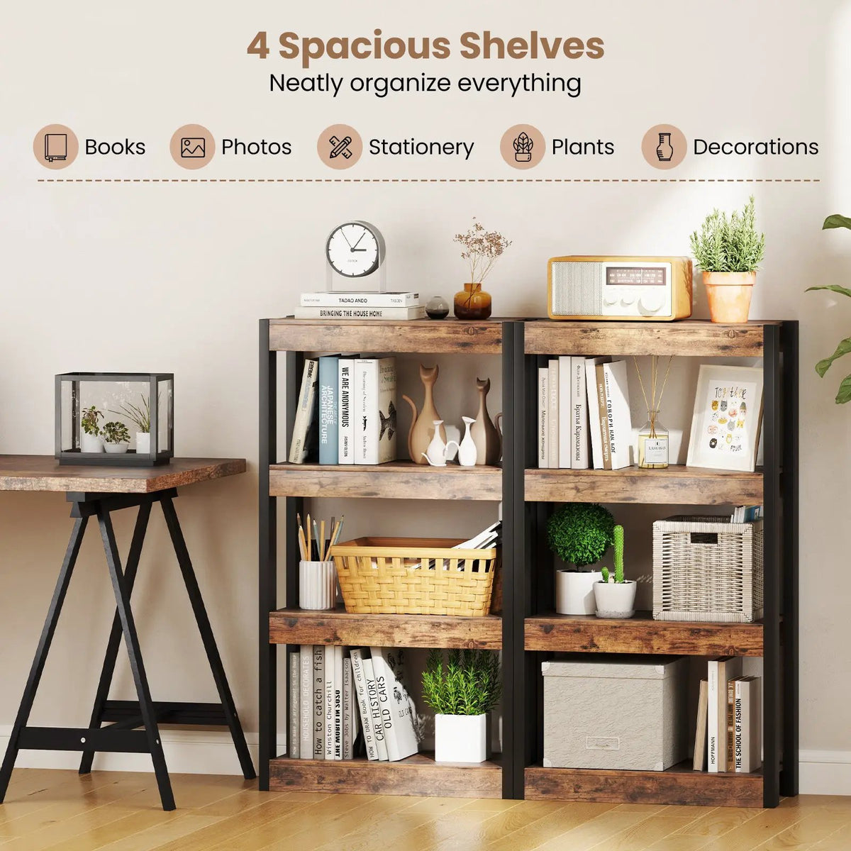 4 Tier Bookshelf Wooden Bookcase with Dual Anti-Tipping Kits by DirectDeals