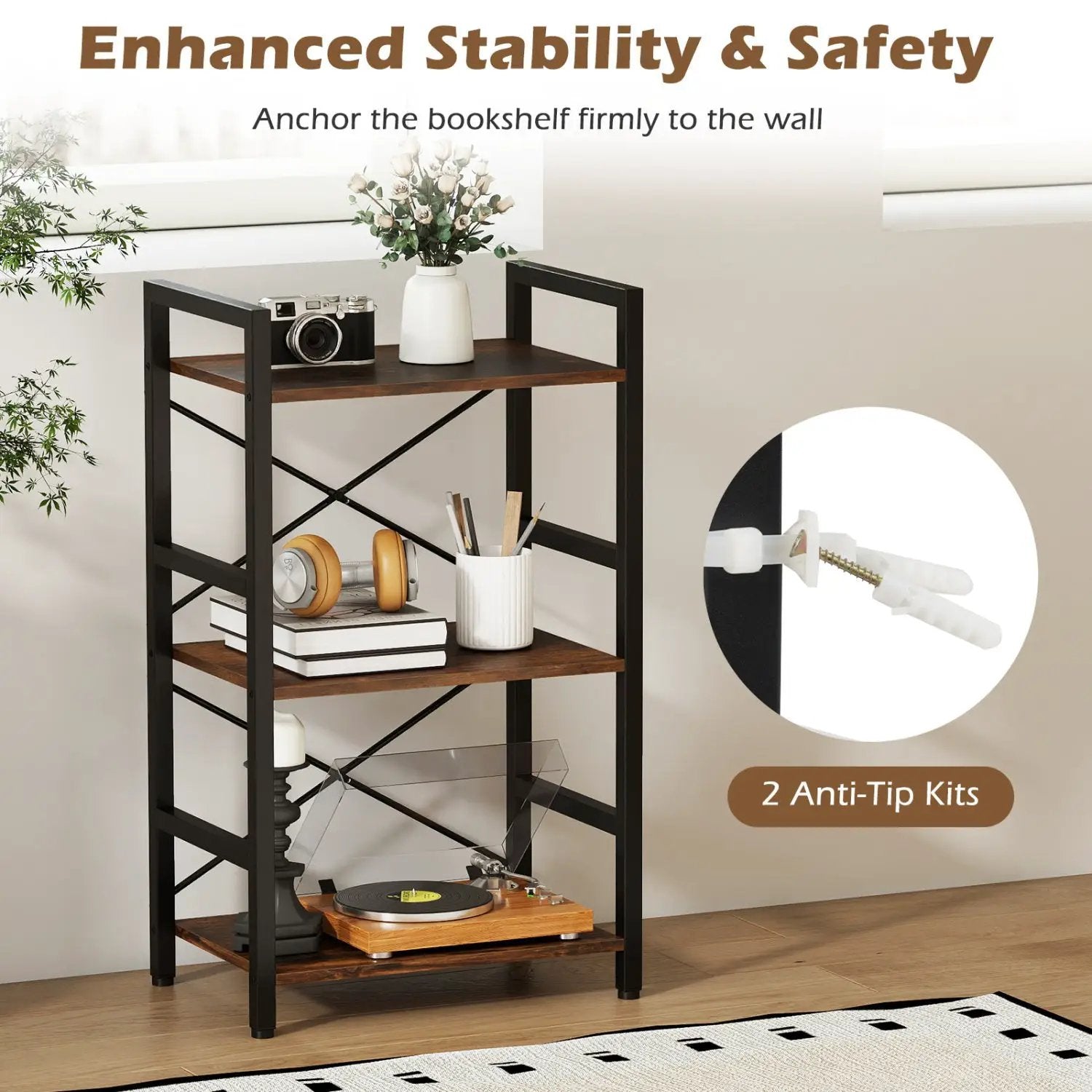 4-Tier Bookshelf with Metal Frame and Wooden Storage Racks for Study by DirectDeals