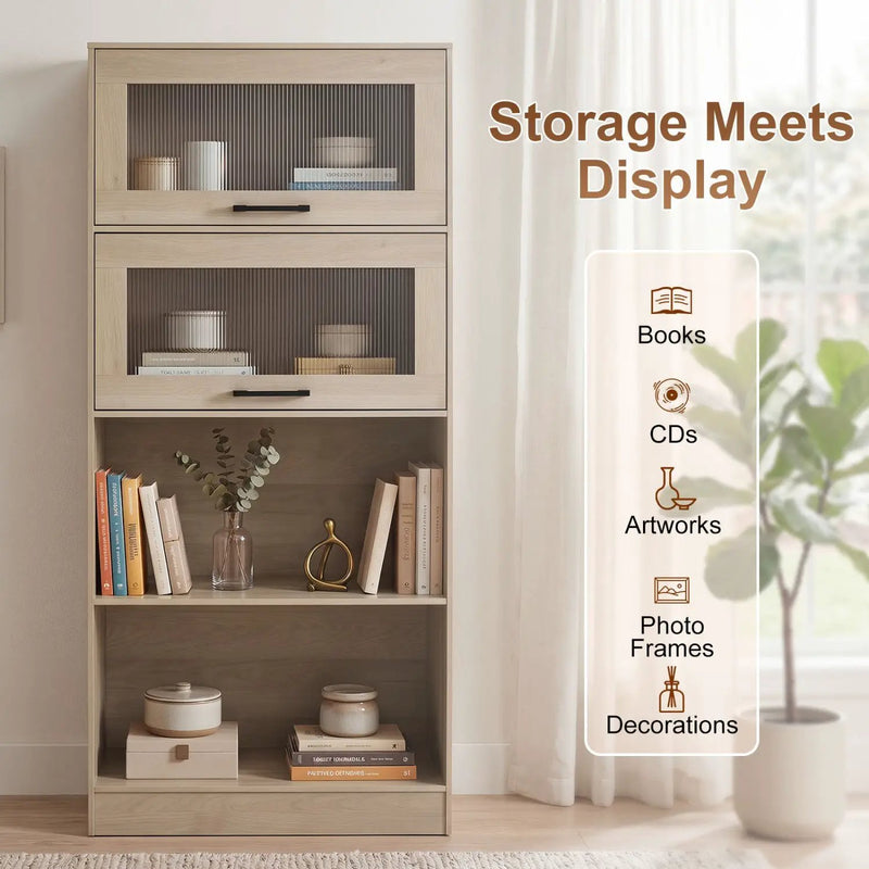 4-Tier Bookshelf with Storage Cabinets - Natural Wood by DirectDeals