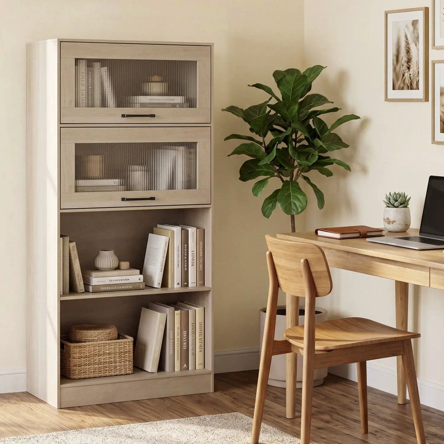 4-Tier Bookshelf with Storage Cabinets - Natural Wood by DirectDeals
