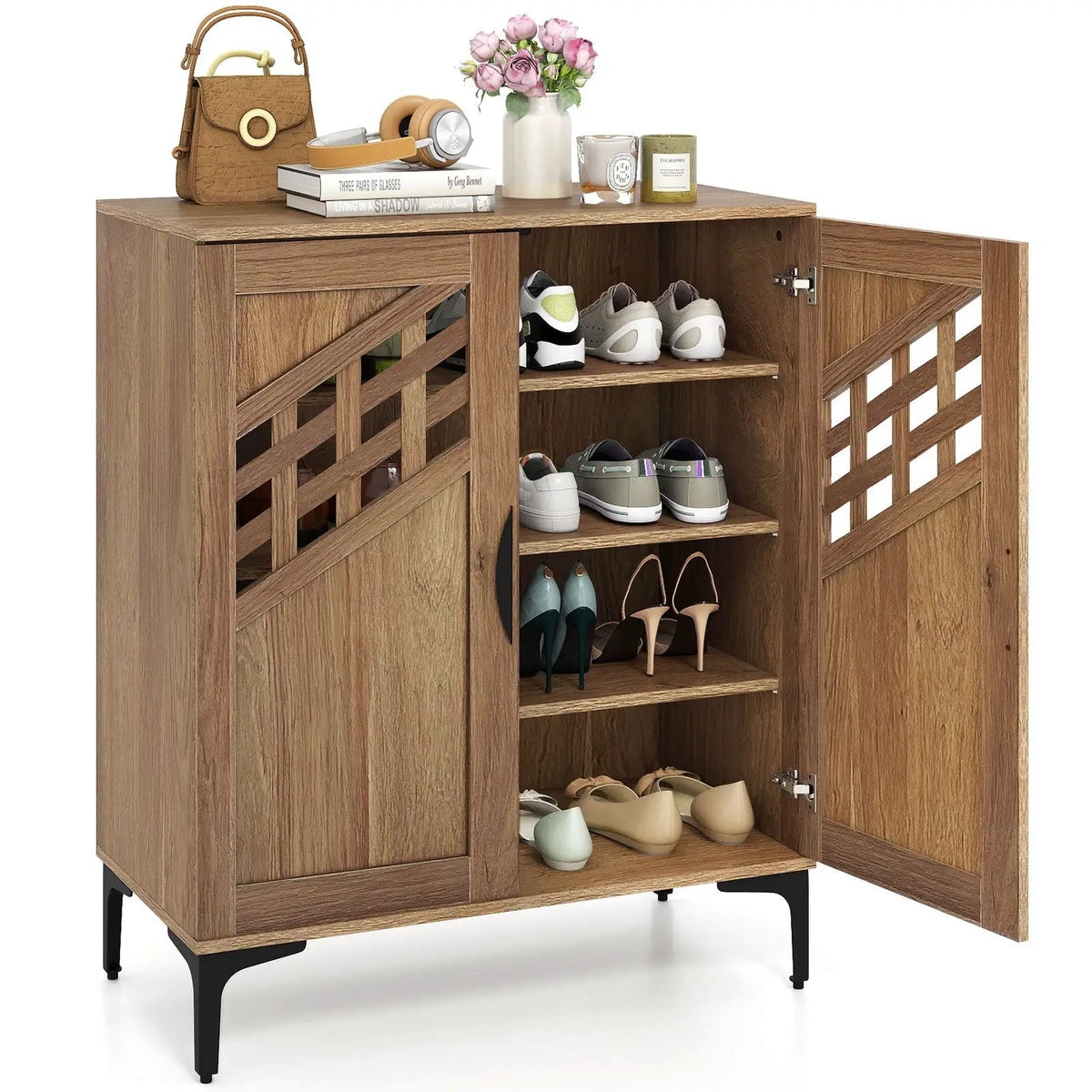 4 Tier Farmhouse Shoe Storage Cabinet with Removable Shelves and Metal Legs by DirectDeals