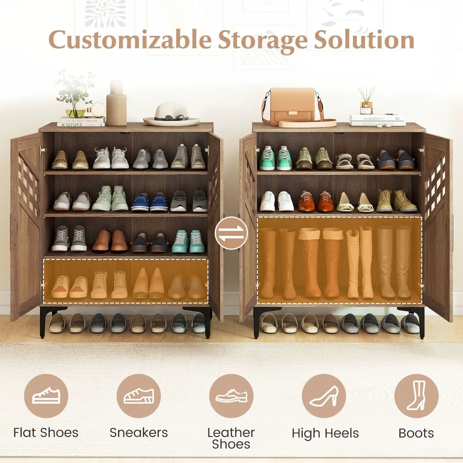 4 Tier Farmhouse Shoe Storage Cabinet with Removable Shelves and Metal Legs by DirectDeals