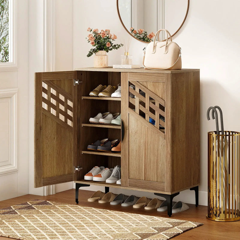 4 Tier Farmhouse Shoe Storage Cabinet with Removable Shelves and Metal Legs by DirectDeals