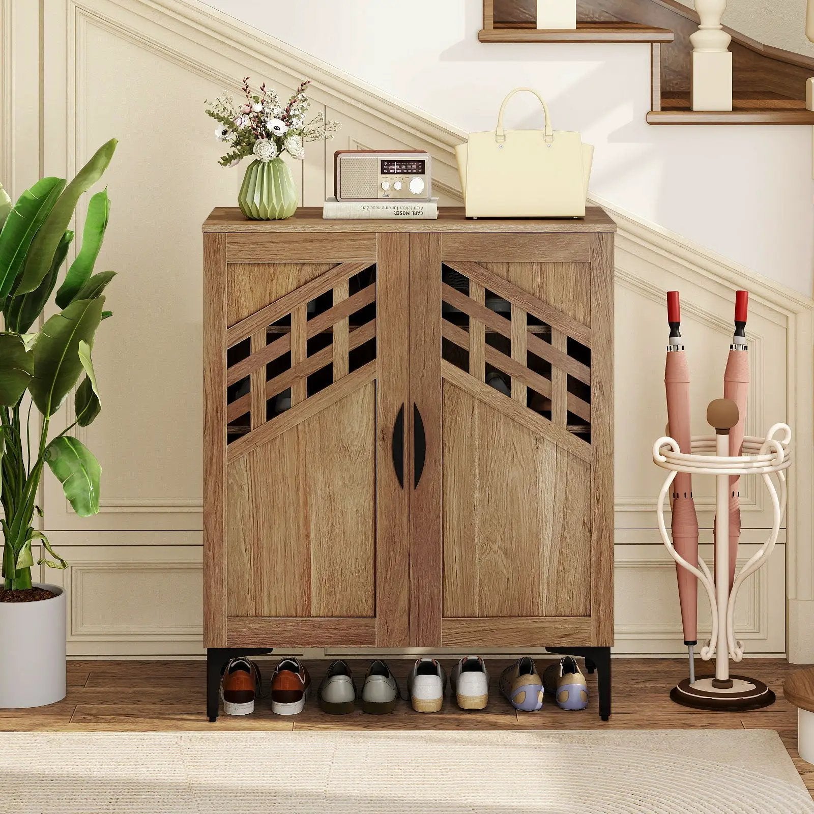 4 Tier Farmhouse Shoe Storage Cabinet with Removable Shelves and Metal Legs by DirectDeals