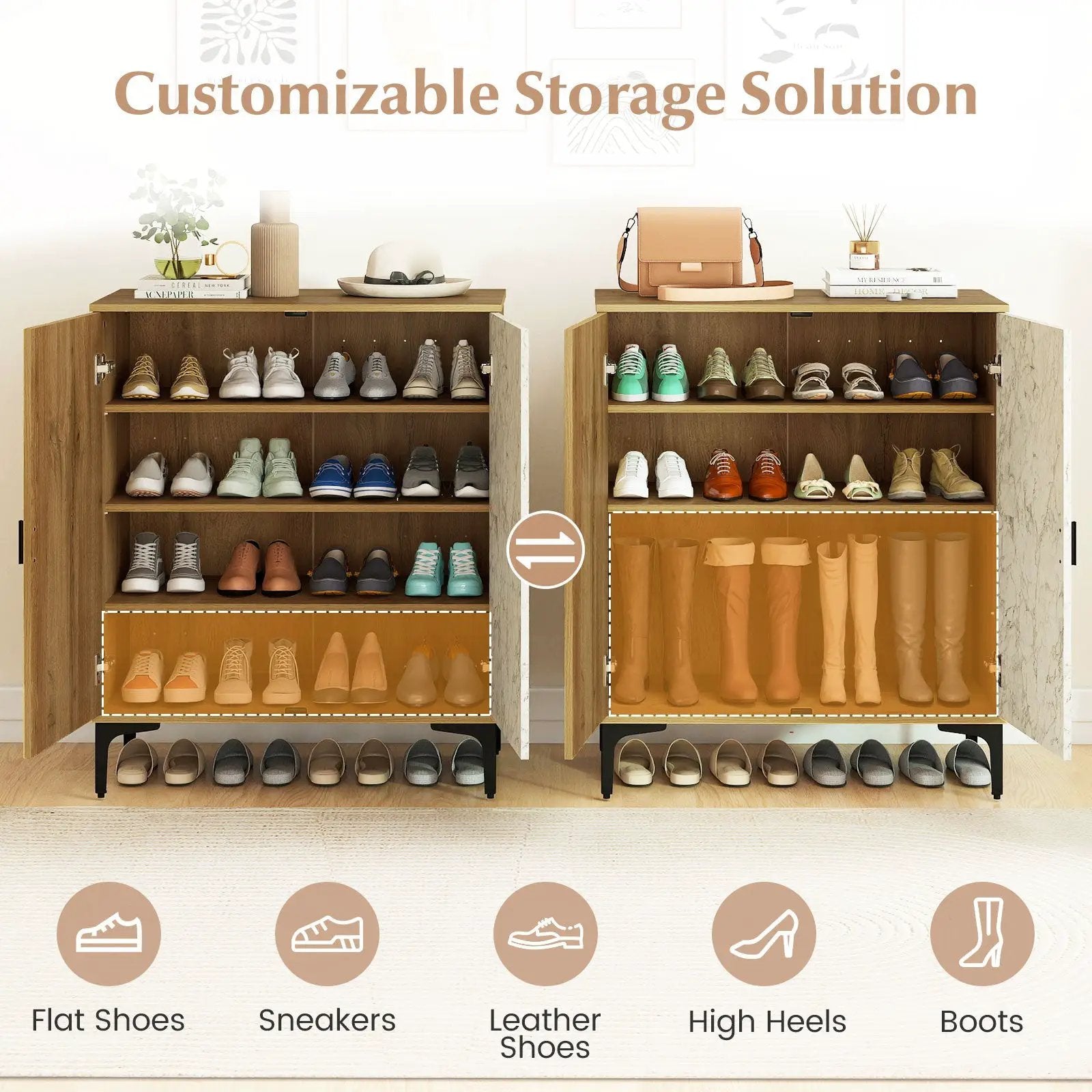 4 Tier Farmhouse Shoe Storage Cabinet with Removable Shelves and Metal Legs by DirectDeals