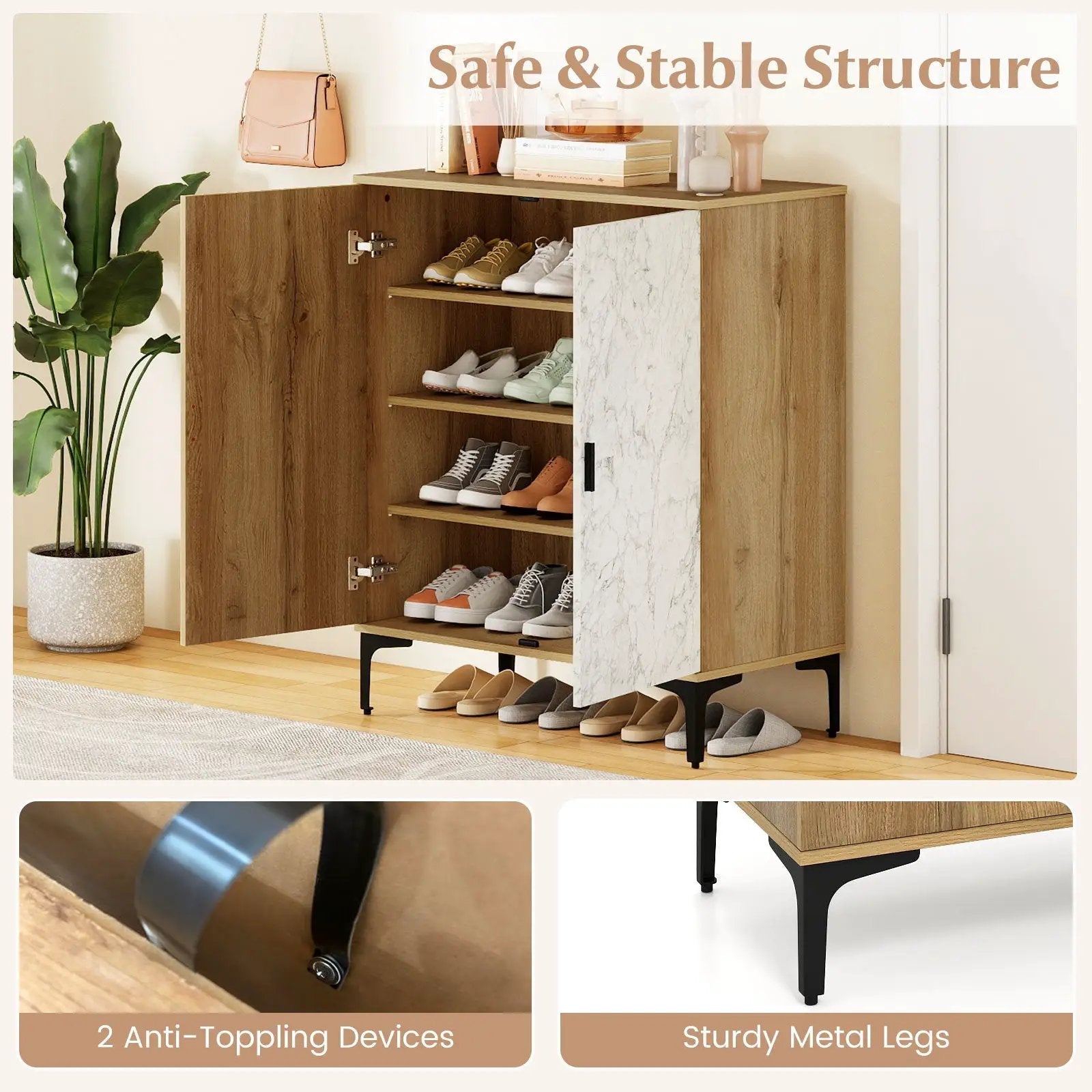 4 Tier Farmhouse Shoe Storage Cabinet with Removable Shelves and Metal Legs by DirectDeals
