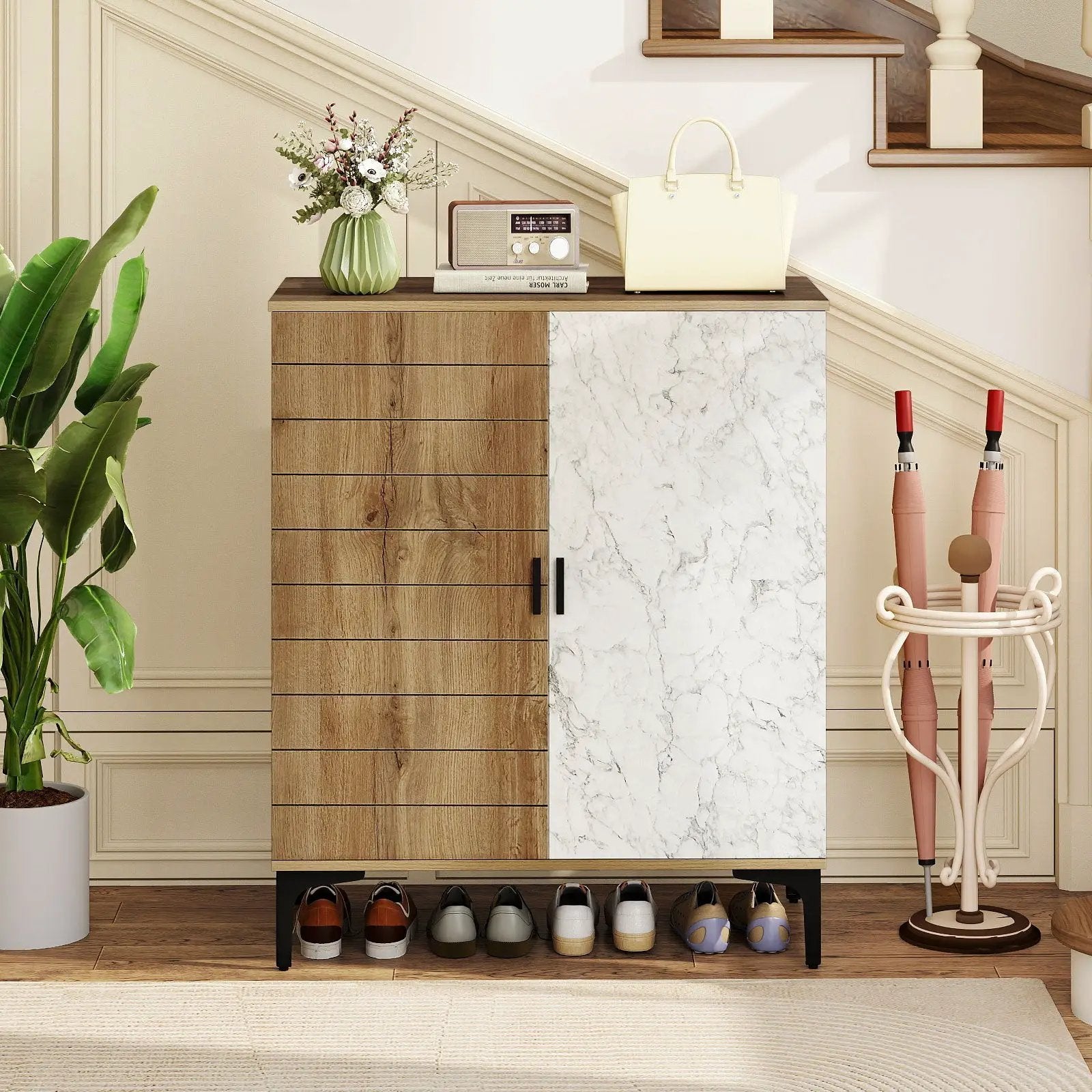 4 Tier Farmhouse Shoe Storage Cabinet with Removable Shelves and Metal Legs by DirectDeals