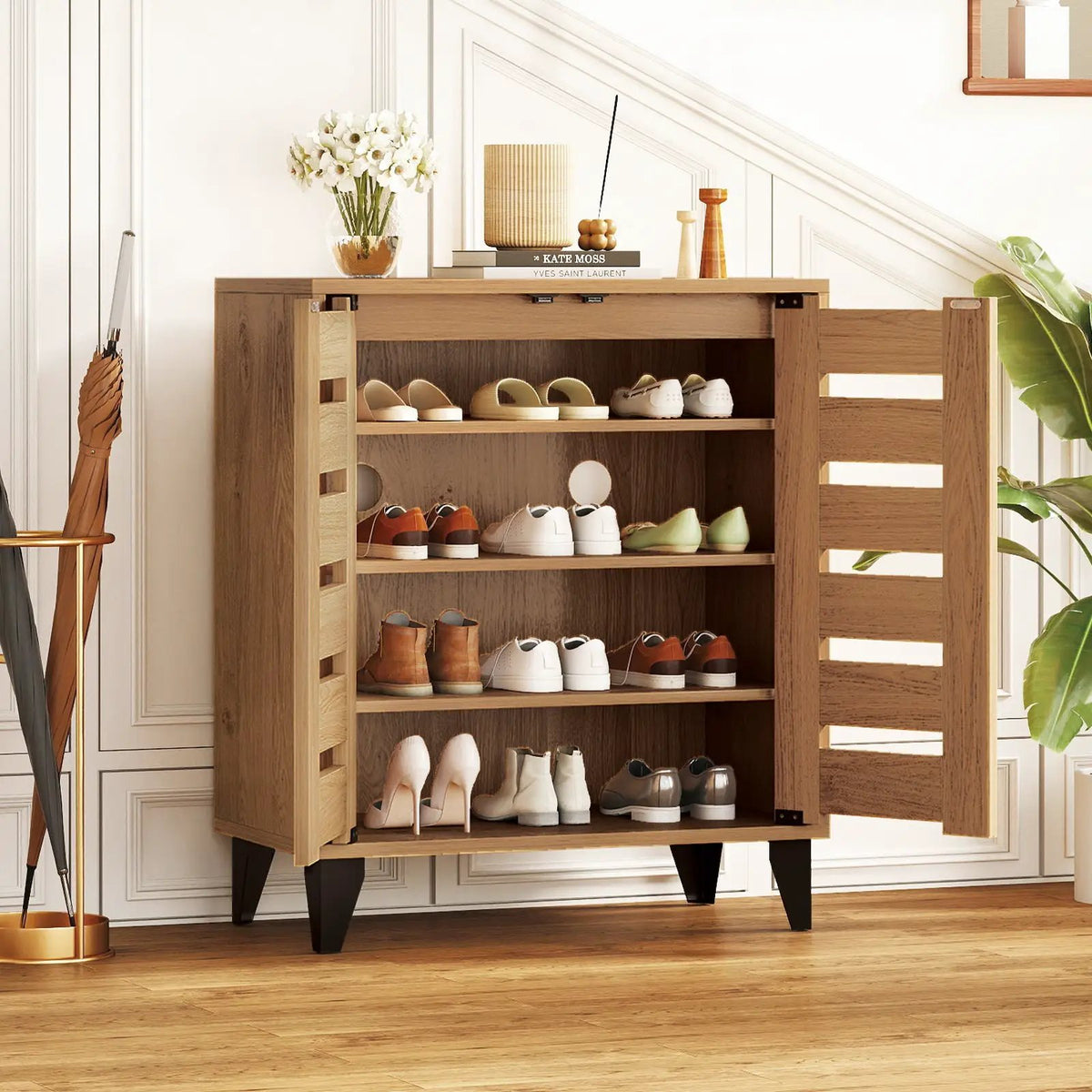 4-Tier Farmhouse Shoe Organizer with Louvered Door by DirectDeals