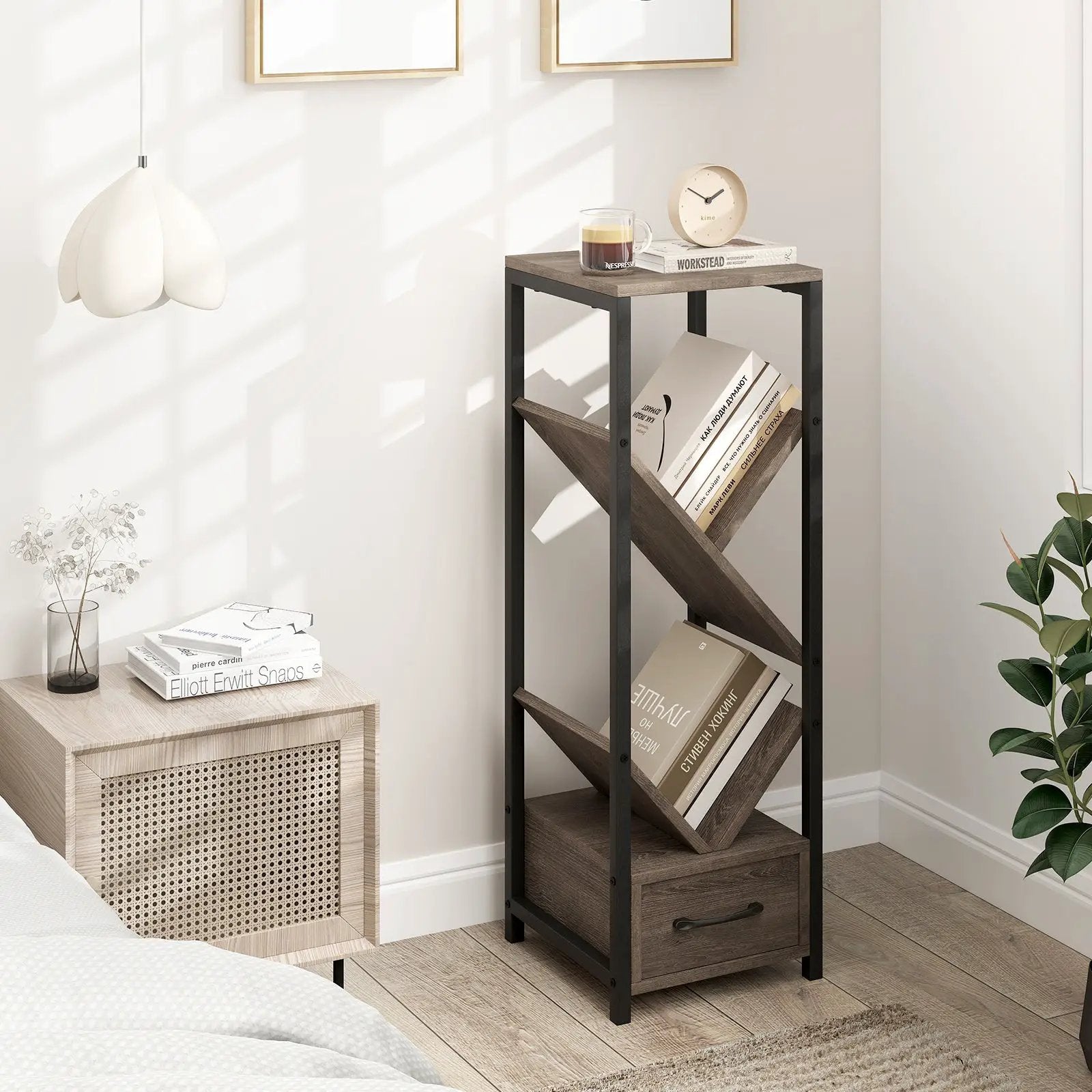 4 Tier Floor Tree Bookshelf with Drawer and Metal Frame-Gray by DirectDeals
