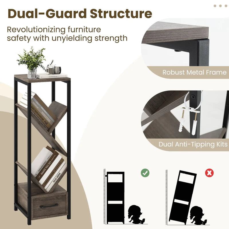 4 Tier Floor Tree Bookshelf with Drawer and Metal Frame-Gray by DirectDeals