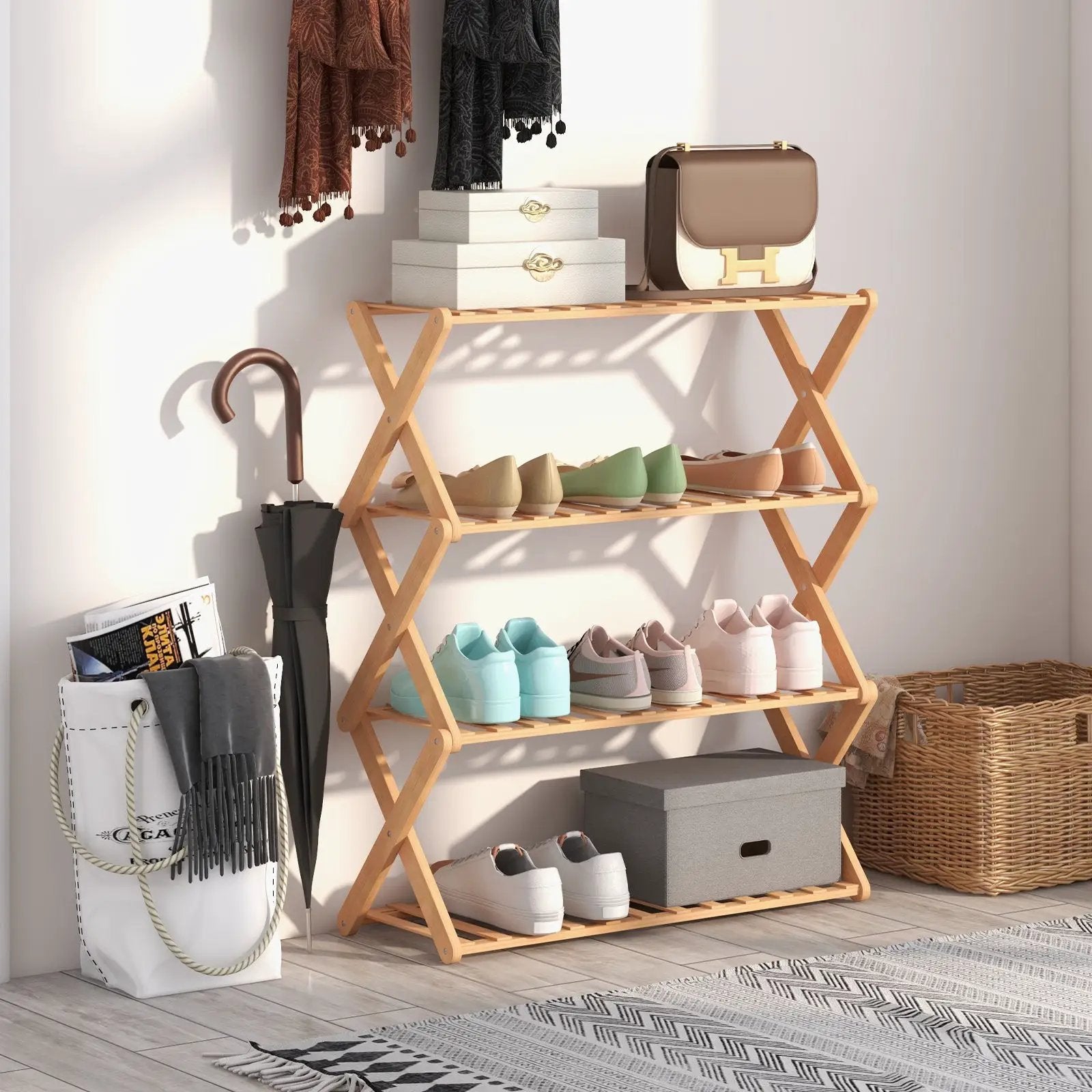 4-Tier Foldable Bamboo Shoe Rack with Slatted Shelves-Natural by DirectDeals