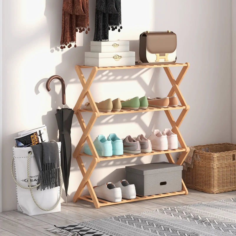 4-Tier Foldable Bamboo Shoe Rack with Slatted Shelves-Natural by DirectDeals