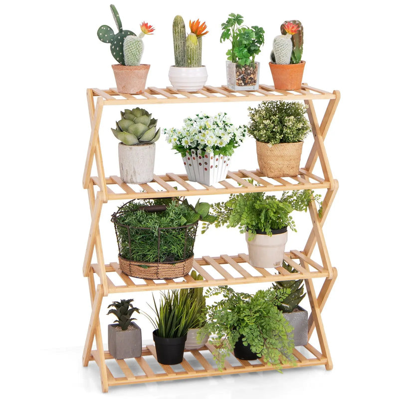 4-Tier Foldable Bamboo Shoe Rack with Slatted Shelves-Natural by DirectDeals