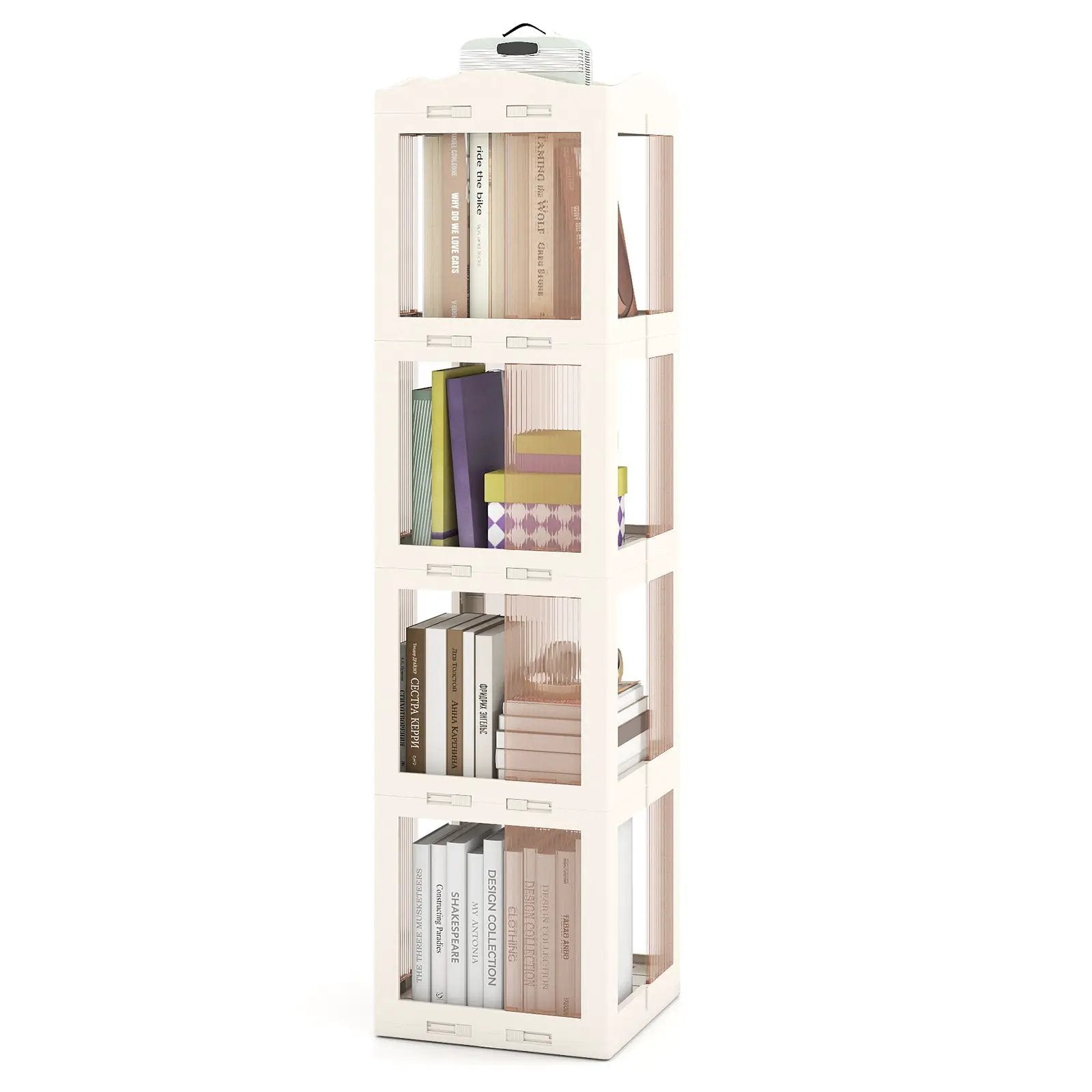 4-Tier Foldable Rotating Bookshelf with Swivel Base and Translucent Panels-White by DirectDeals