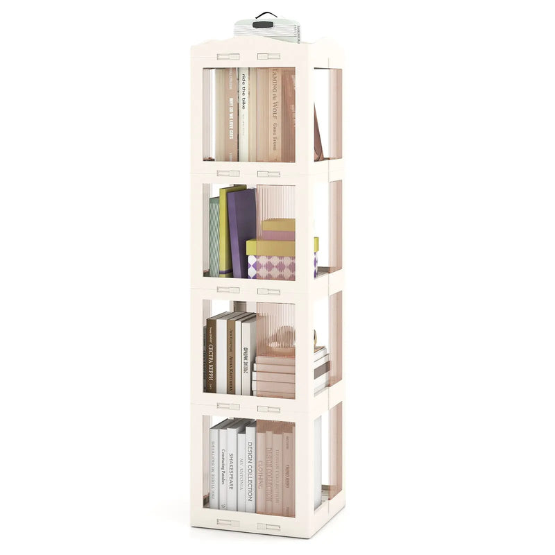 4-Tier Foldable Rotating Bookshelf with Swivel Base and Translucent Panels-White by DirectDeals