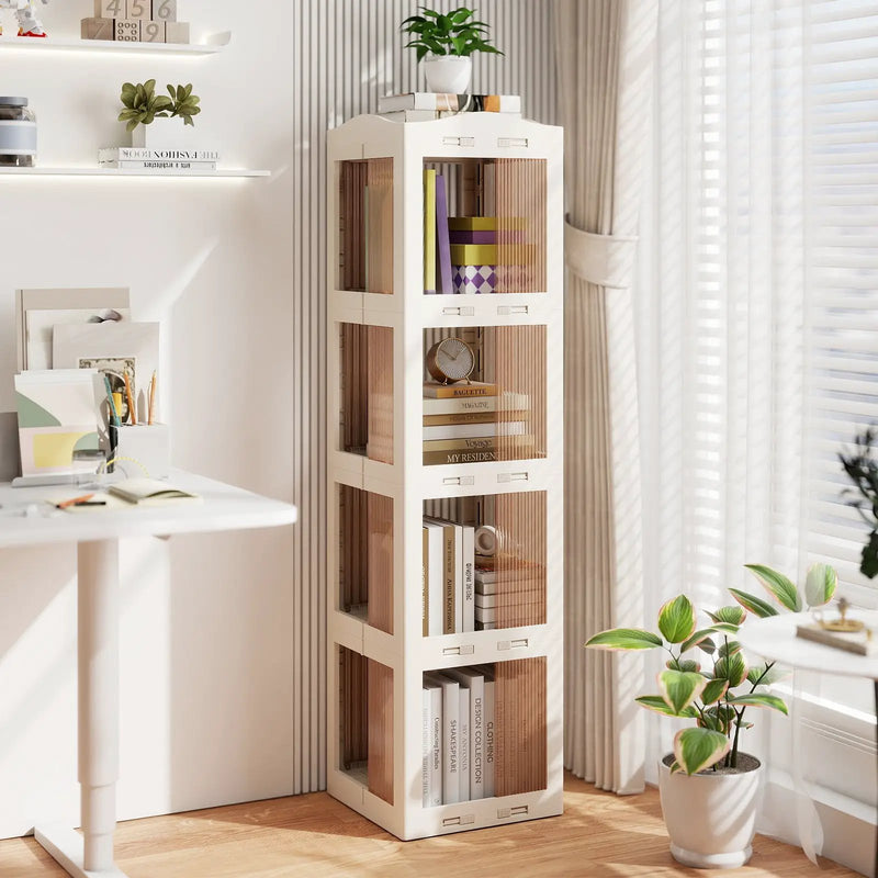 4-Tier Foldable Rotating Bookshelf with Swivel Base and Translucent Panels-White by DirectDeals