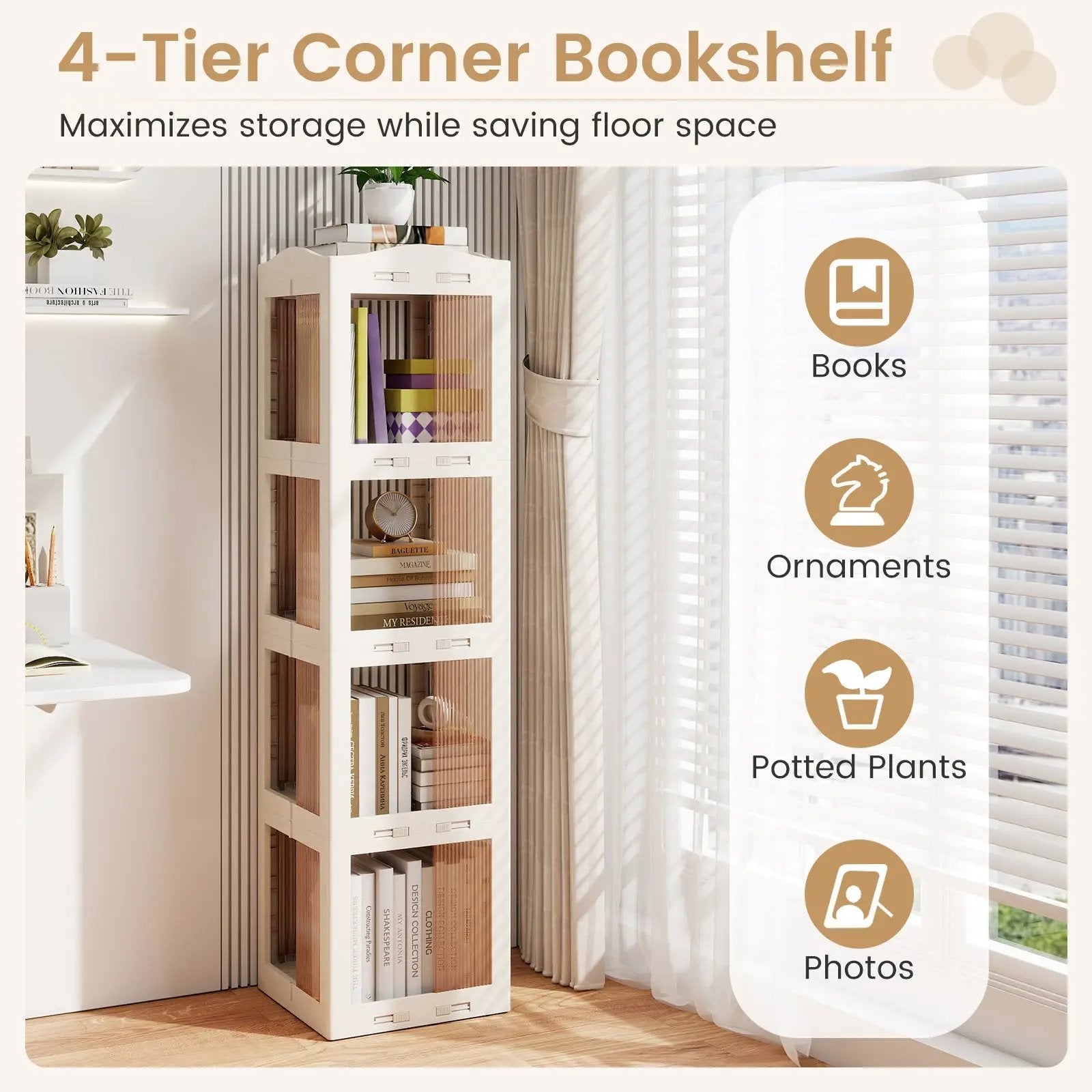 4-Tier Foldable Rotating Bookshelf with Swivel Base and Translucent Panels-White by DirectDeals