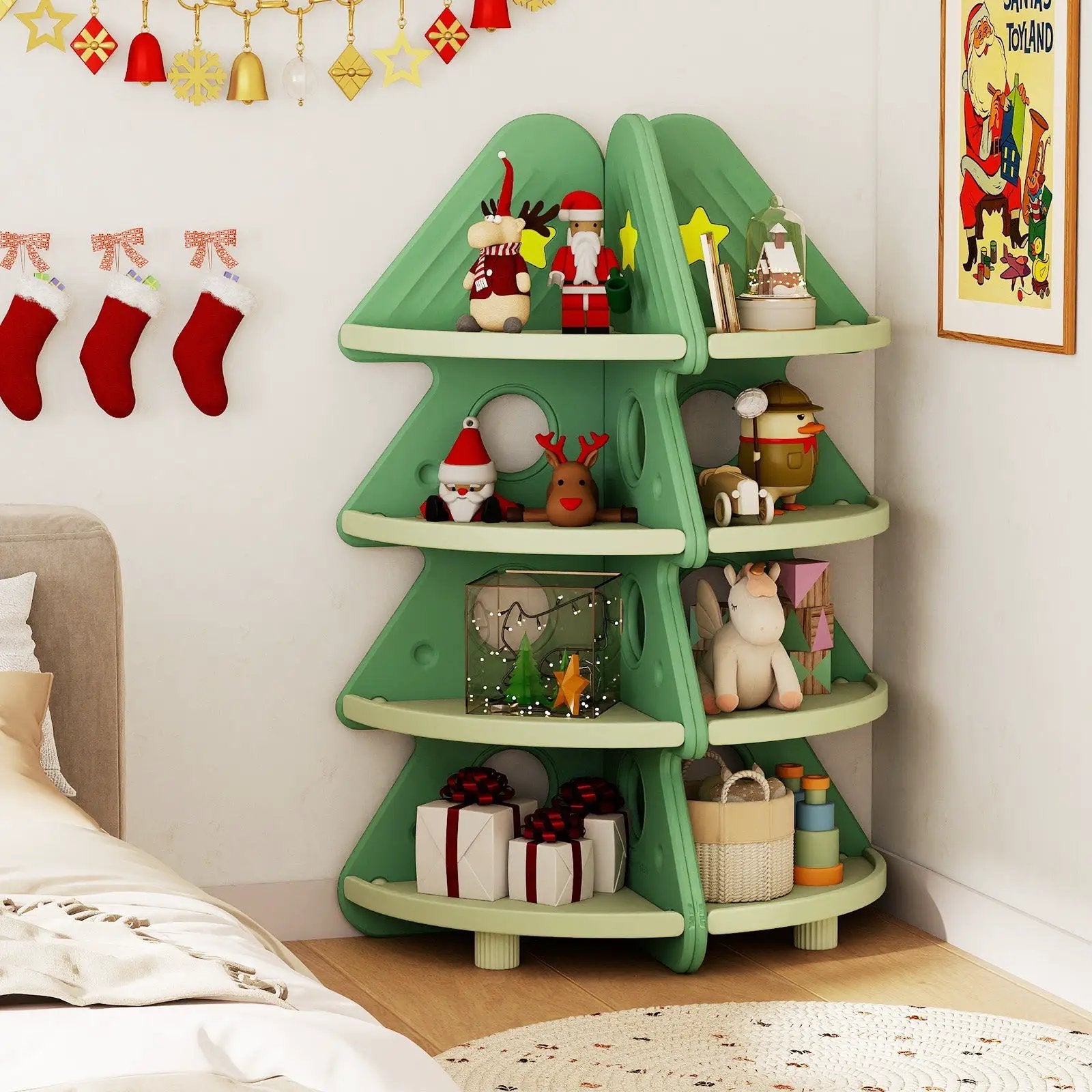 4-Tier Kids Corner Bookshelf Baby Display Shelf for Kids Room-Green by DirectDeals
