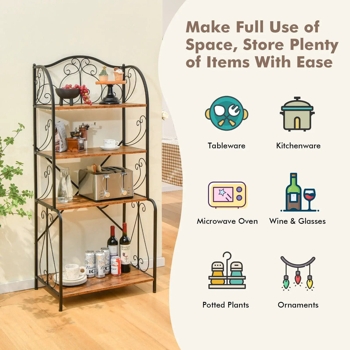 4-Tier Industrial Kitchen Baker's Rack with Open Shelves and X-Bar by DirectDeals