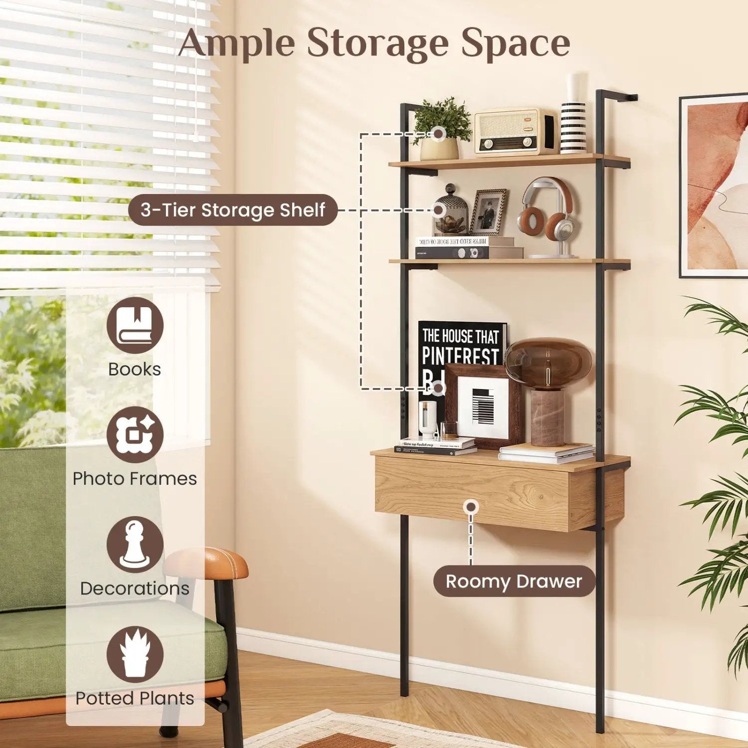4-Tier Ladder Bookshelf with Drawer and Metal Frame by DirectDeals