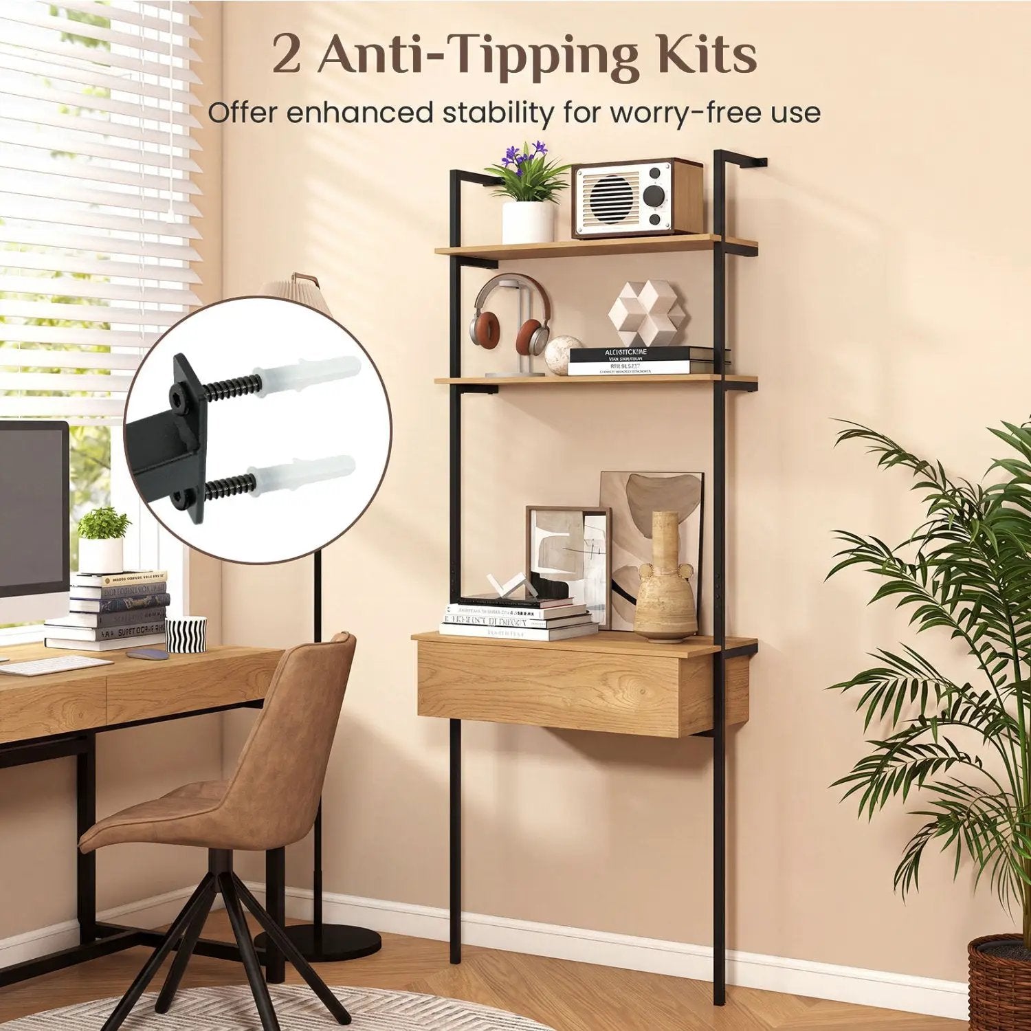 4-Tier Ladder Bookshelf with Drawer and Metal Frame by DirectDeals