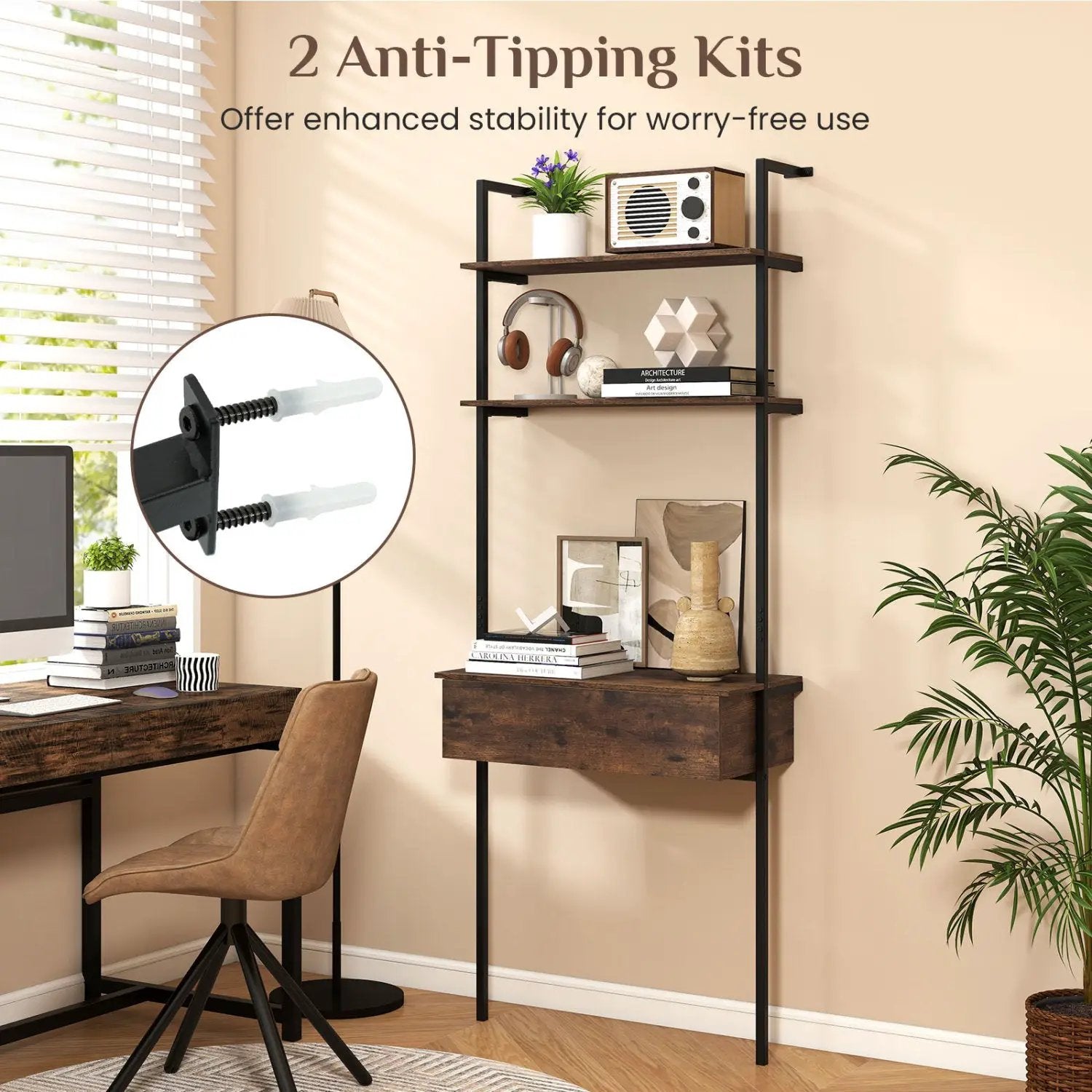 4-Tier Ladder Bookshelf with Drawer and Metal Frame by DirectDeals