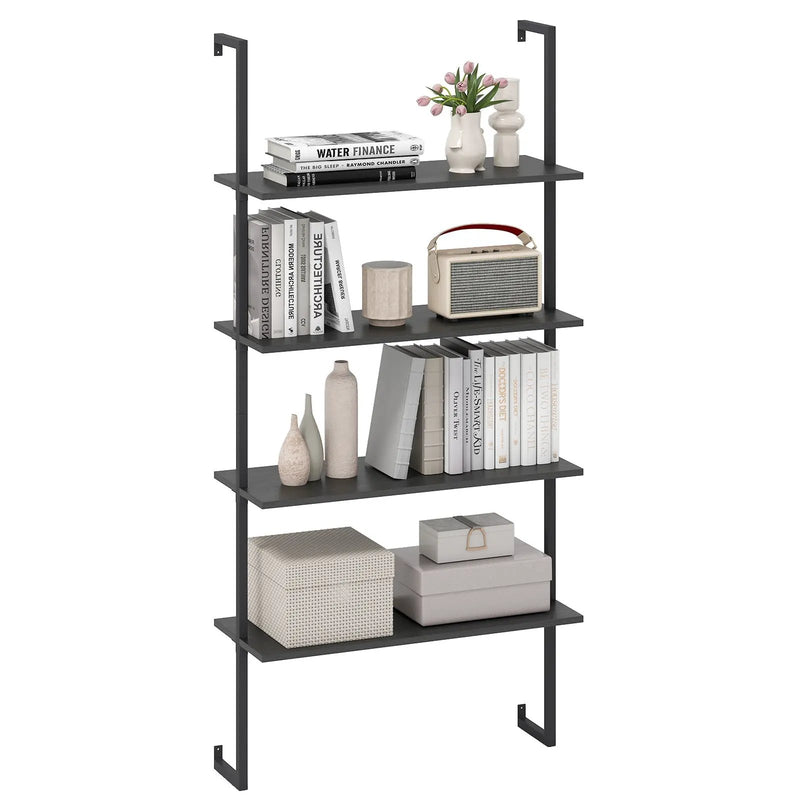 4-Tier Ladder Shelf Open Wall Mounted Bookcase with Wooden Boards and Metal Frame-Black by DirectDeals