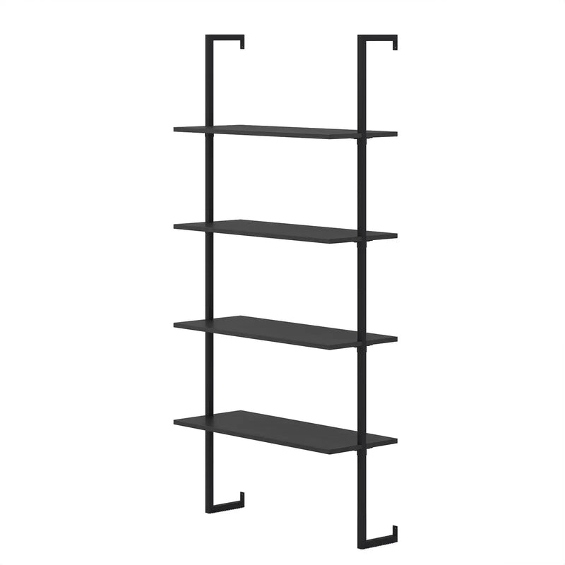 4-Tier Ladder Shelf Open Wall Mounted Bookcase with Wooden Boards and Metal Frame-Black by DirectDeals