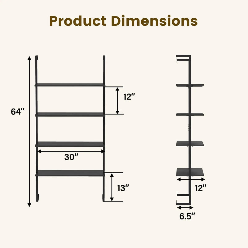 4-Tier Ladder Shelf Open Wall Mounted Bookcase with Wooden Boards and Metal Frame-Black by DirectDeals