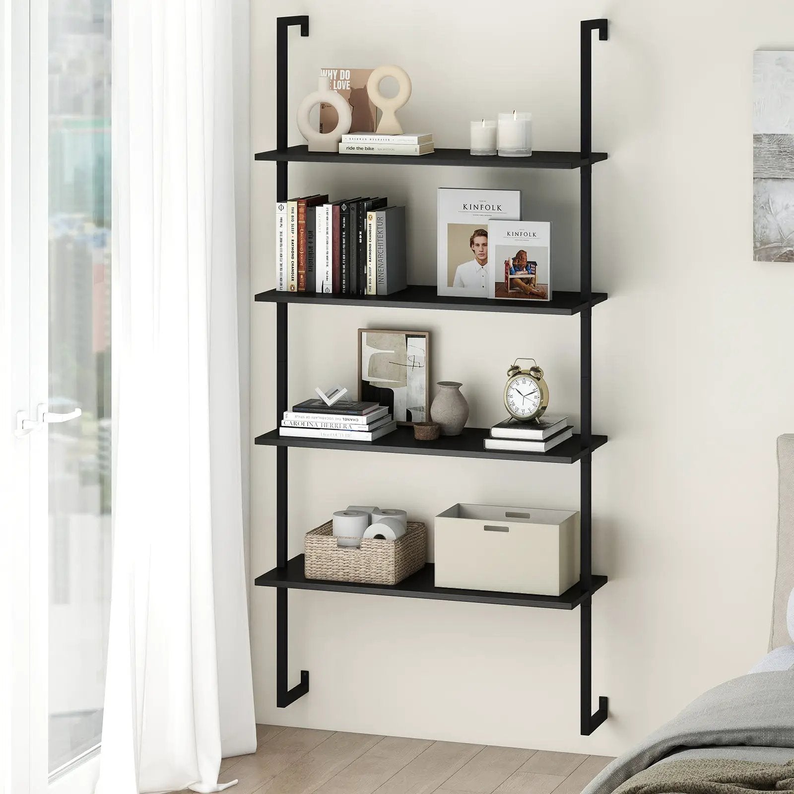 4-Tier Ladder Shelf Open Wall Mounted Bookcase with Wooden Boards and Metal Frame-Black by DirectDeals