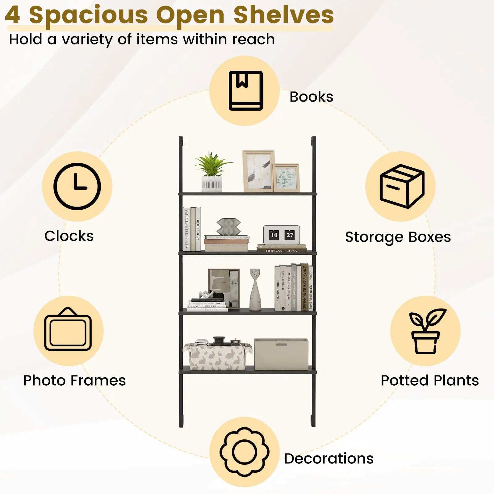 4-Tier Ladder Shelf Open Wall Mounted Bookcase with Wooden Boards and Metal Frame-Black by DirectDeals