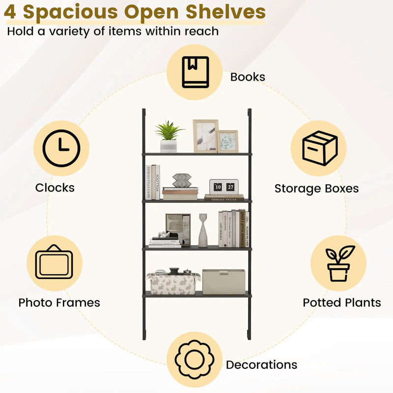 4-Tier Ladder Shelf Open Wall Mounted Bookcase with Wooden Boards and Metal Frame-Black by DirectDeals
