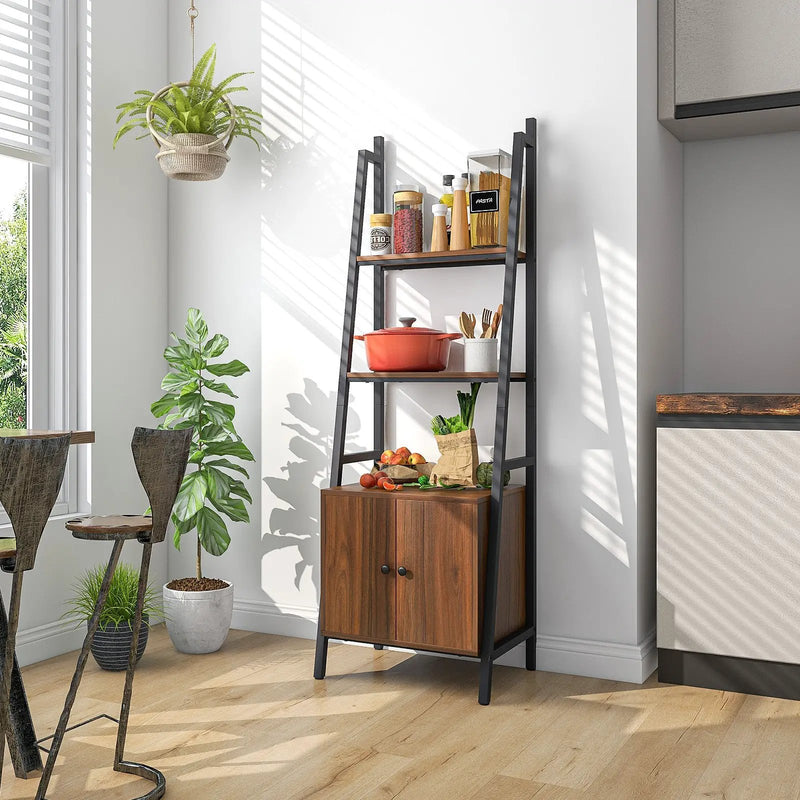 4-Tier Ladder Shelf with Cabinet and Metal Frame-Rustic Brown by DirectDeals