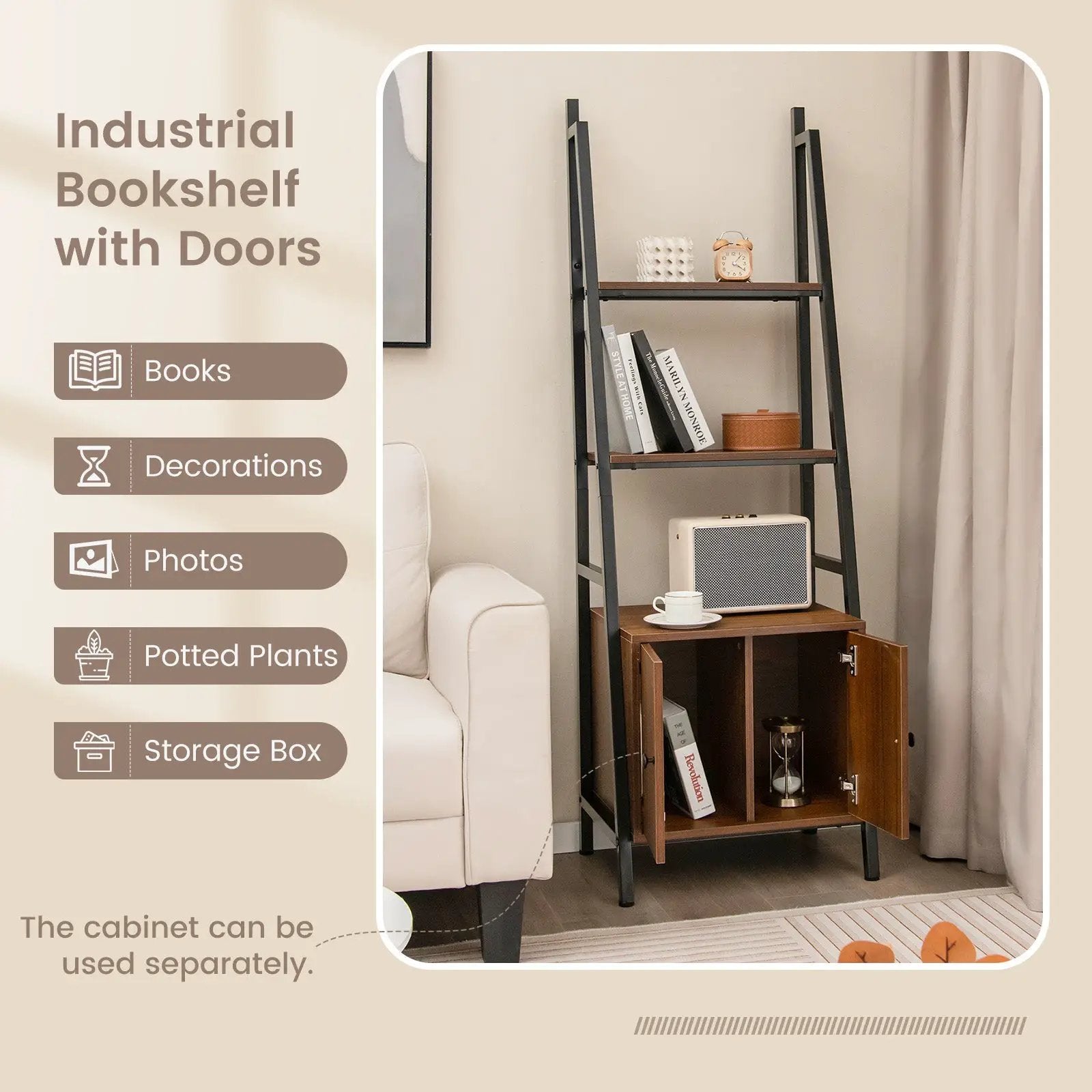 4-Tier Ladder Shelf with Cabinet and Metal Frame-Rustic Brown by DirectDeals