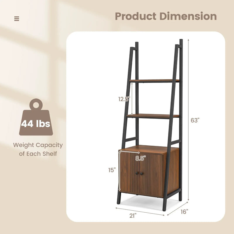 4-Tier Ladder Shelf with Cabinet and Metal Frame-Rustic Brown by DirectDeals