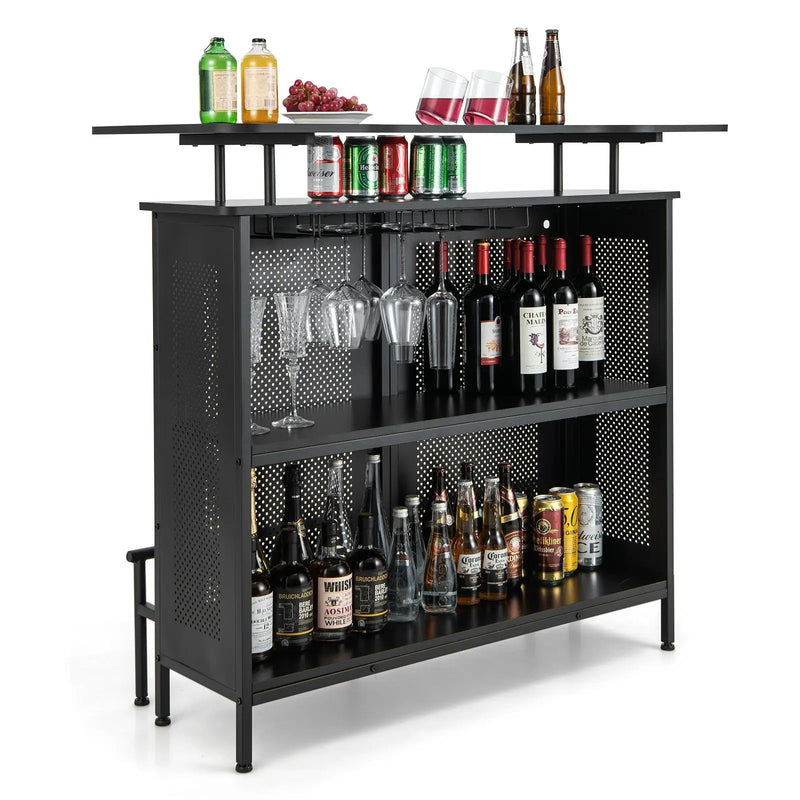 4-Tier Liquor Bar Table with 6 Glass Holders and Metal Footrest-Black by DirectDeals