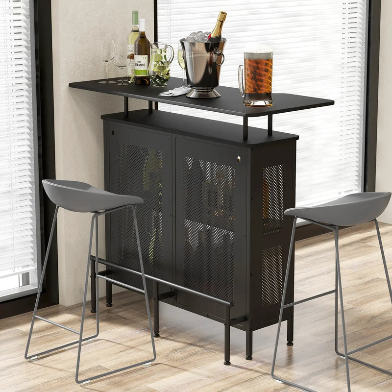 4-Tier Liquor Bar Table with 6 Glass Holders and Metal Footrest-Black by DirectDeals