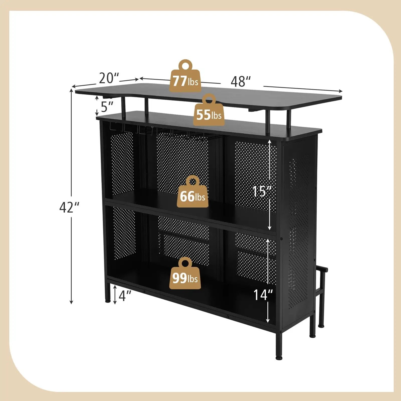 4-Tier Liquor Bar Table with 6 Glass Holders and Metal Footrest-Black by DirectDeals