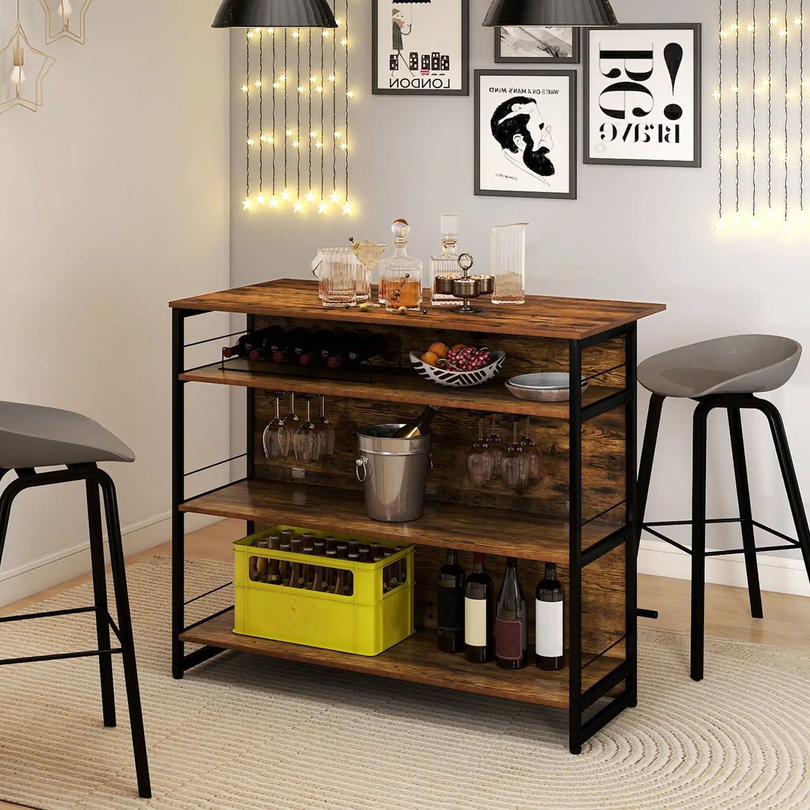 4-Tier Mini Bar Kitchen Island with Footrest and Wine Rack-Coffee by DirectDeals