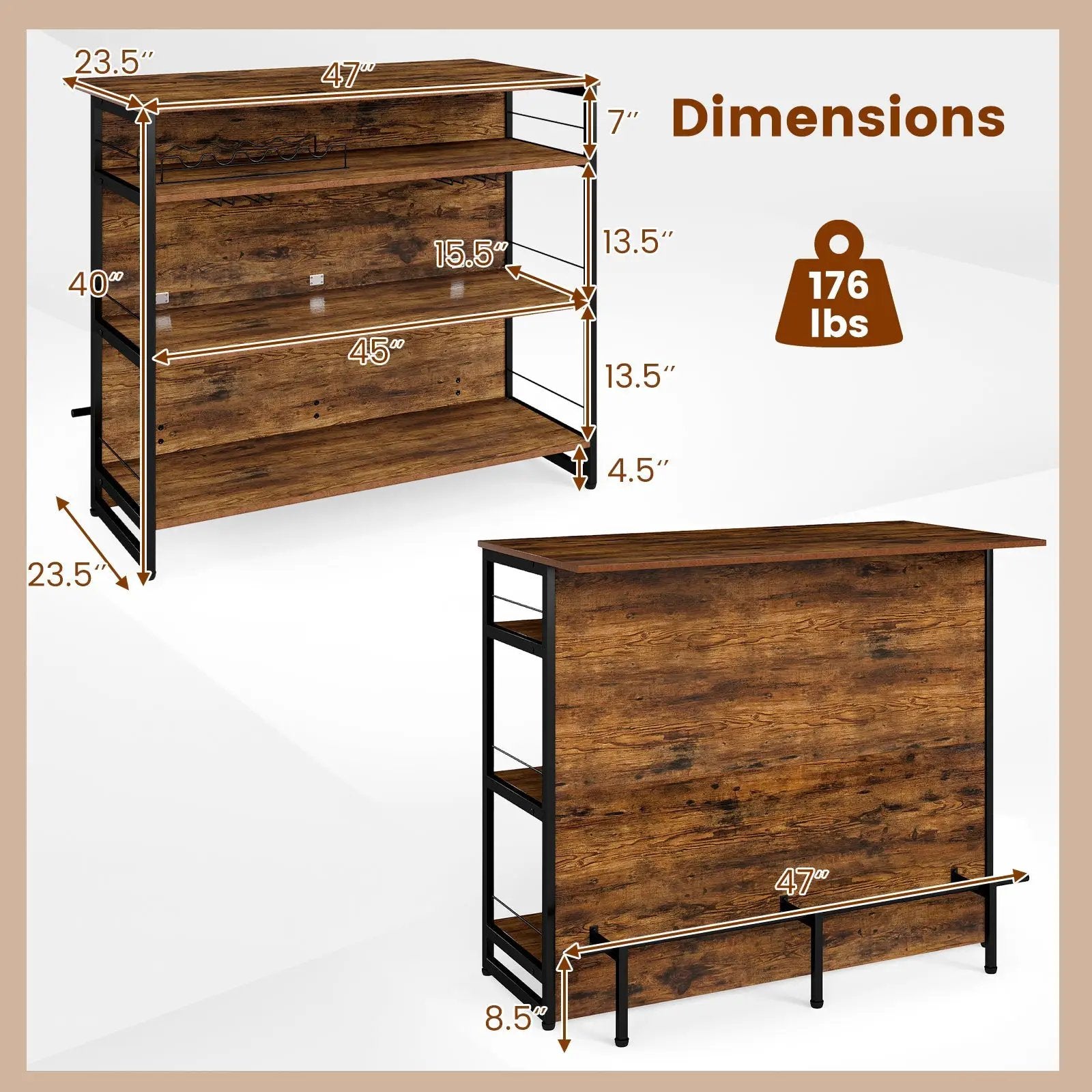 4-Tier Mini Bar Kitchen Island with Footrest and Wine Rack-Coffee by DirectDeals