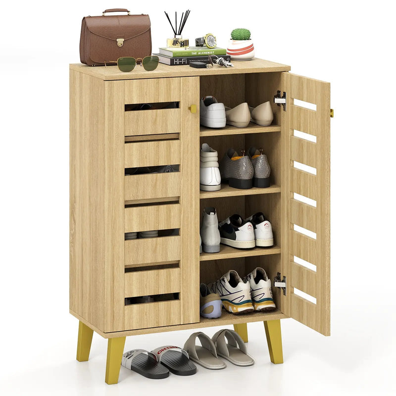 4-Tier Modern Freestanding Wooden Shoe Cabinet with Doors and Removable Shelves-Oak by DirectDeals