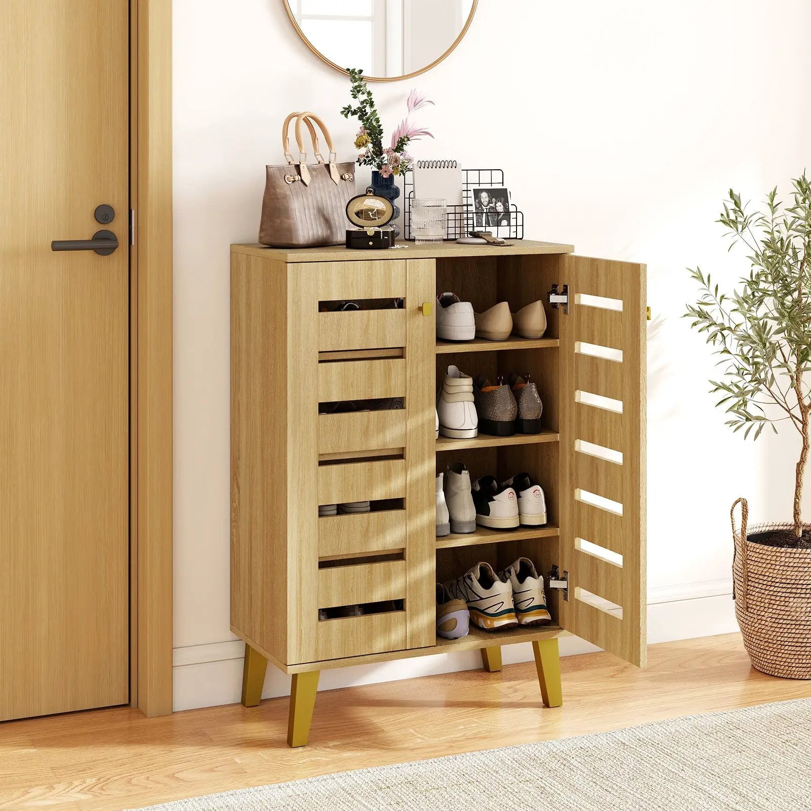4-Tier Modern Freestanding Wooden Shoe Cabinet with Doors and Removable Shelves-Oak by DirectDeals