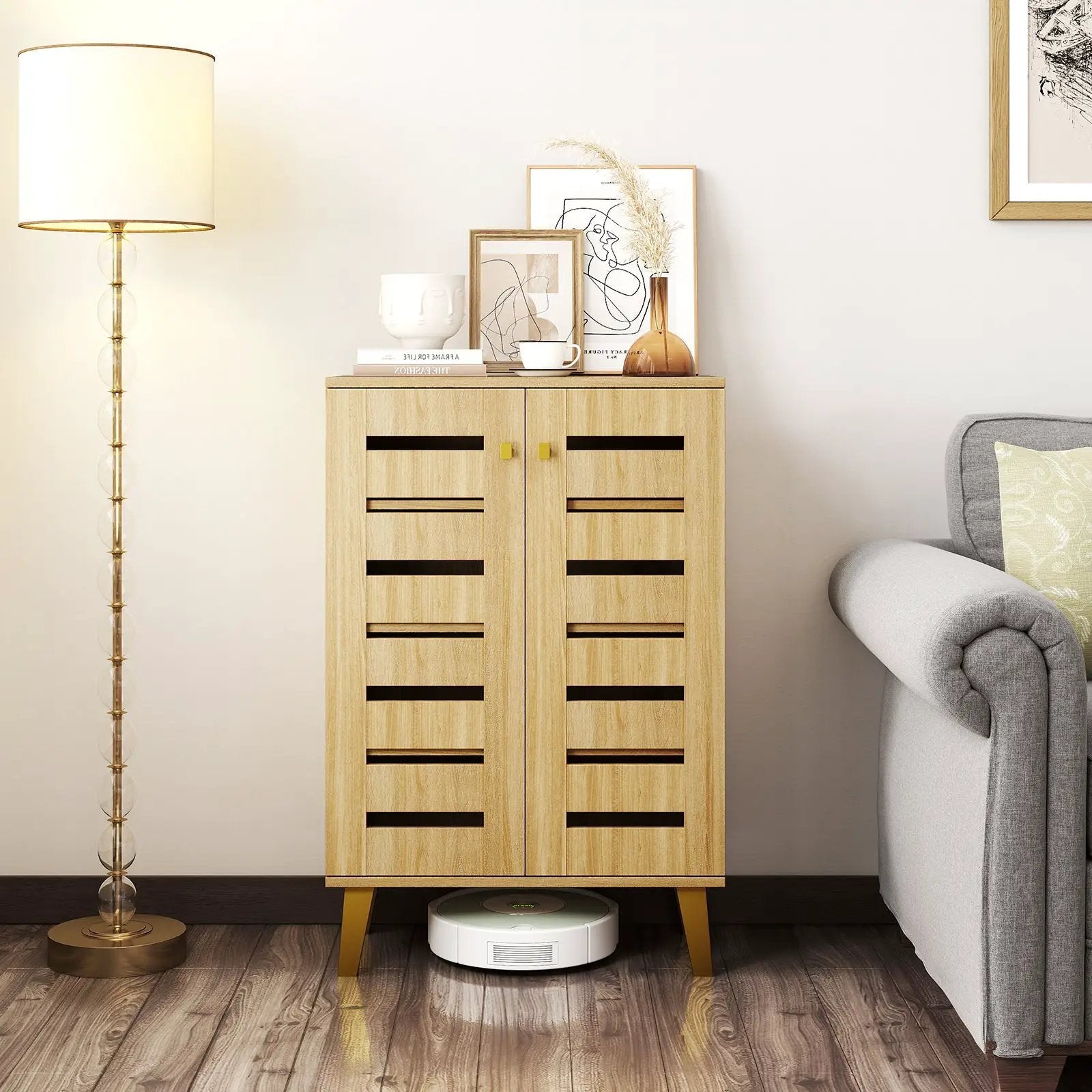 4-Tier Modern Freestanding Wooden Shoe Cabinet with Doors and Removable Shelves-Oak by DirectDeals