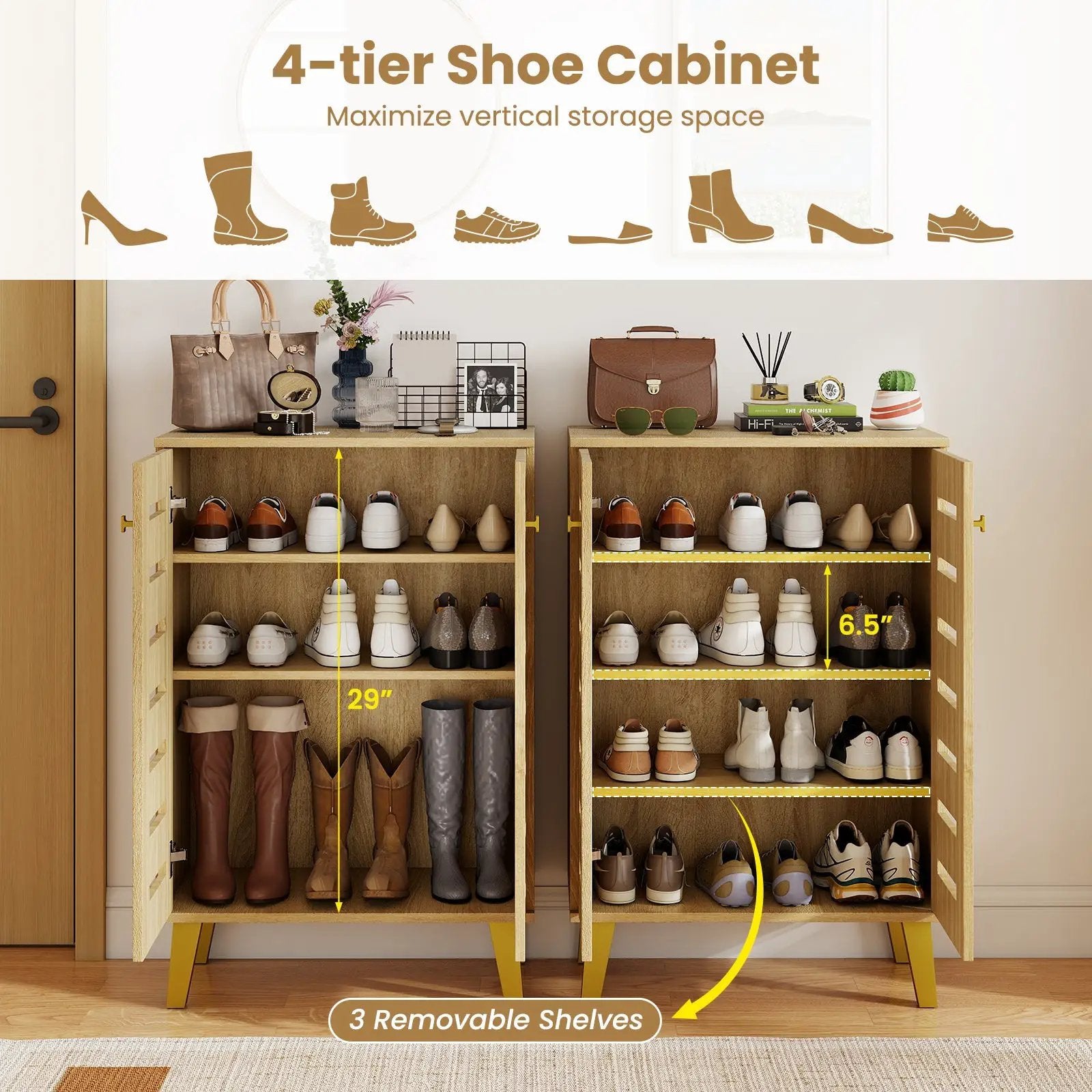 4-Tier Modern Freestanding Wooden Shoe Cabinet with Doors and Removable Shelves-Oak by DirectDeals