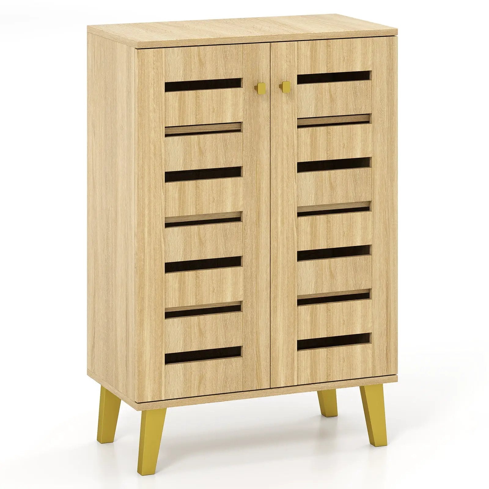 4-Tier Modern Freestanding Wooden Shoe Cabinet with Doors and Removable Shelves-Oak by DirectDeals